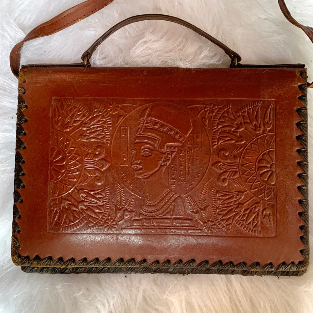 Brown embossed leather Egyptian purse